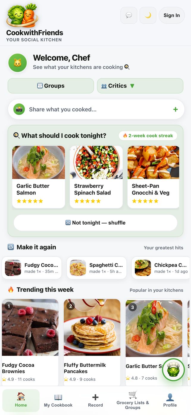 Home feed — see what your crew is cooking
