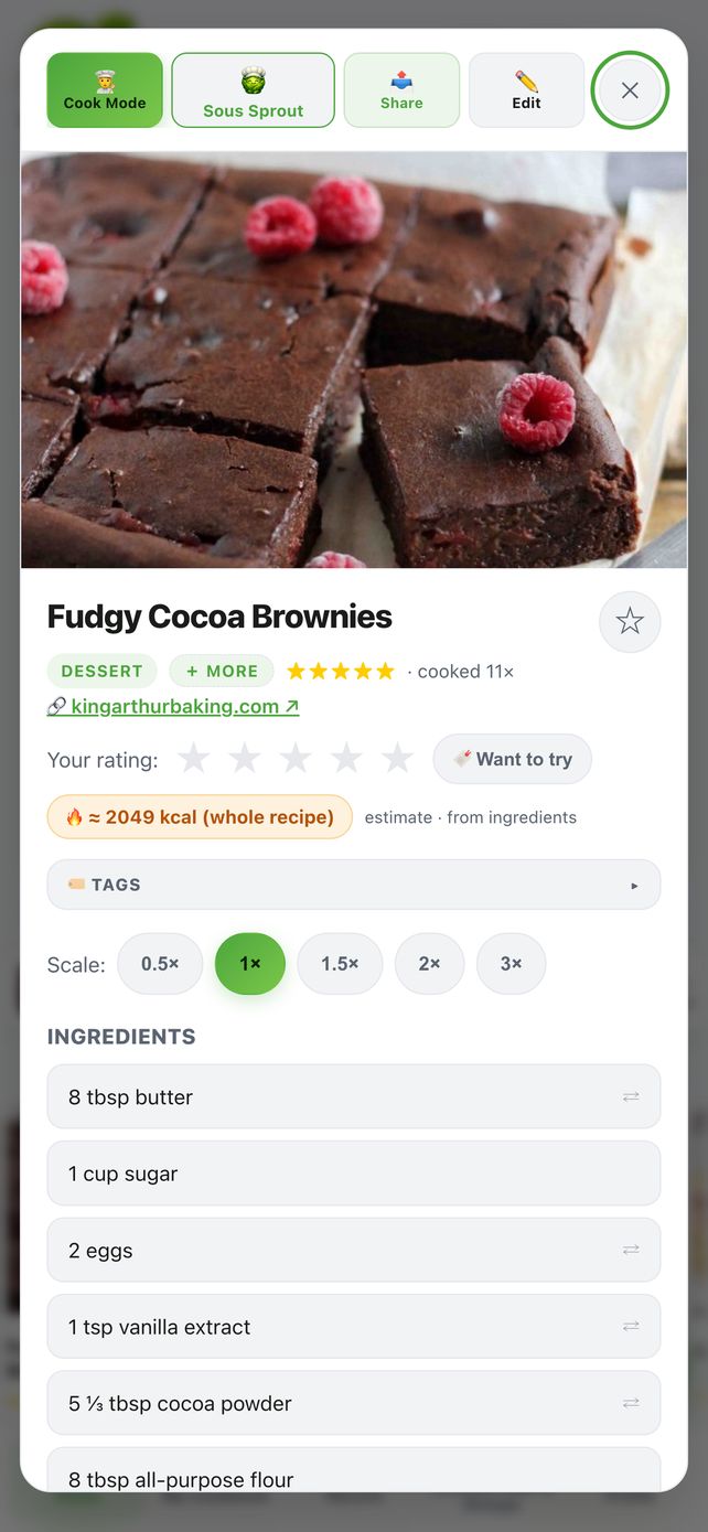 Recipe view with scaling
