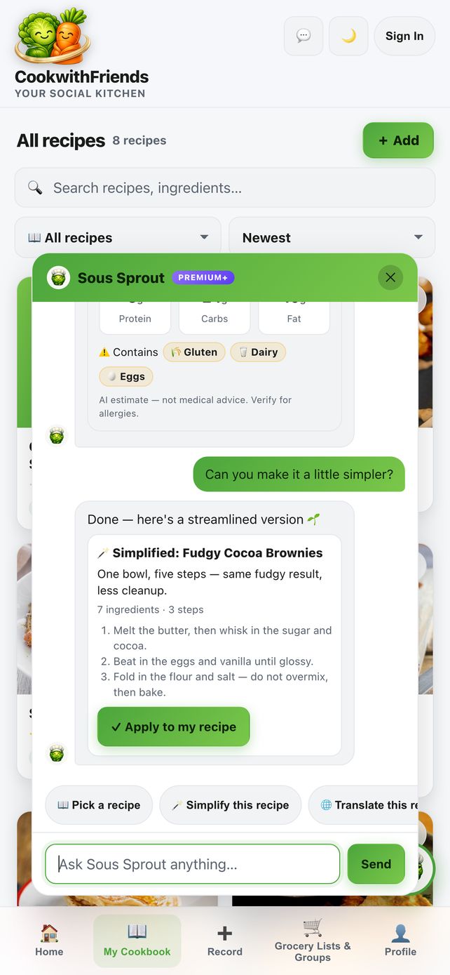 Sous Sprout AI chat with nutrition breakdown